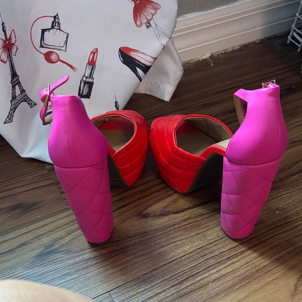 Jessica Simpson Red and Pink Quilted Platform Heels - Picture 3 of 3